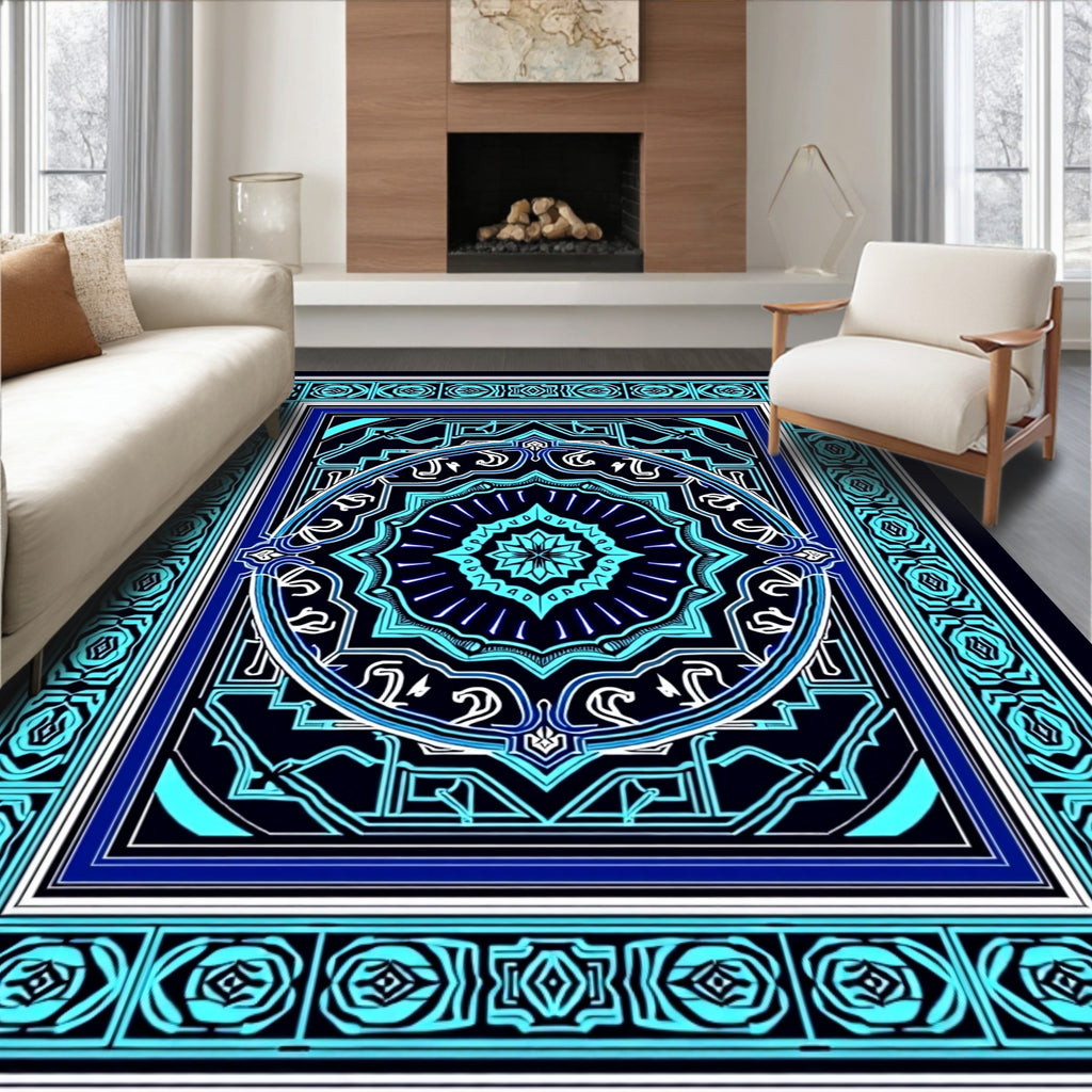 Intricate Teal Blue Geometric Mandala Rug