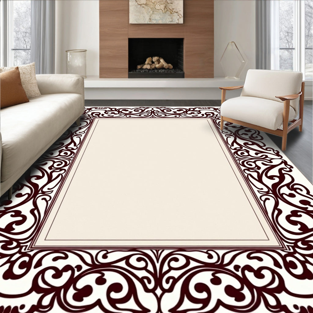 Ornate Baroque Scrollwork Border Design Rug