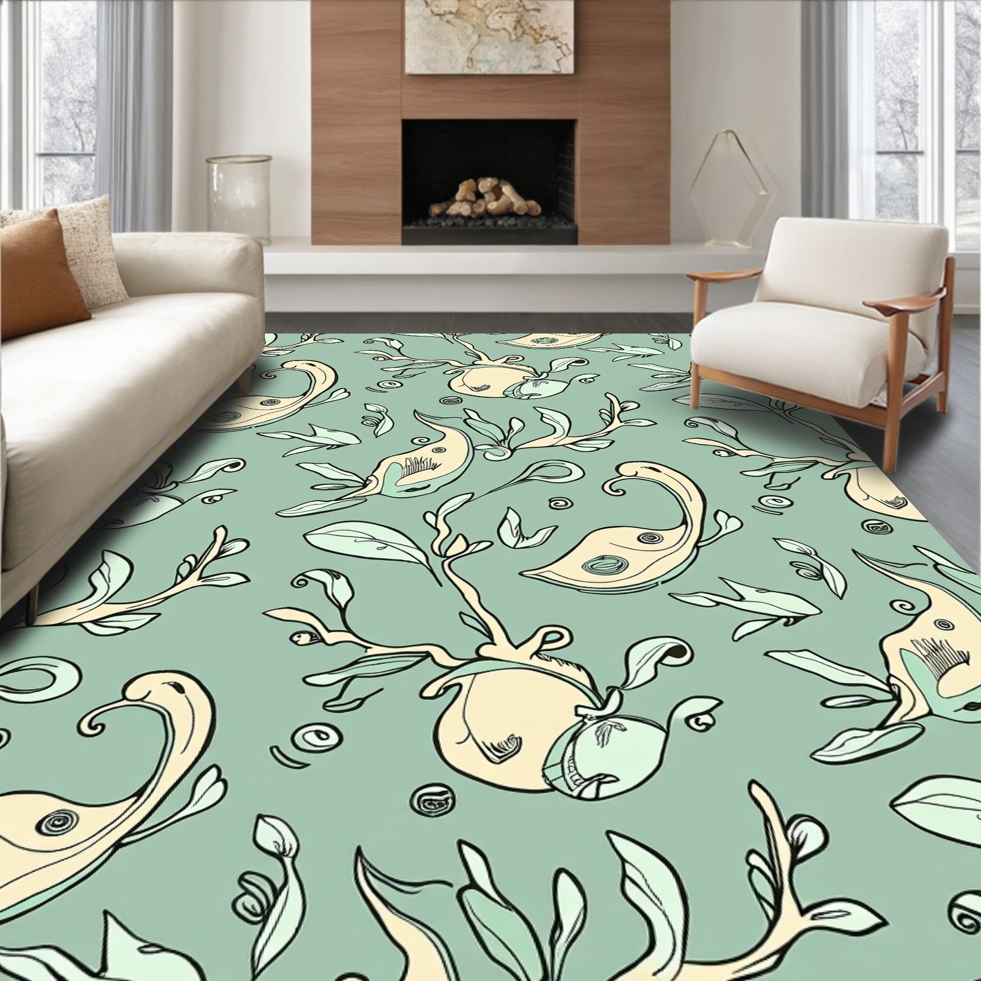 Abstract Swirls Plant Forms Pattern Rug