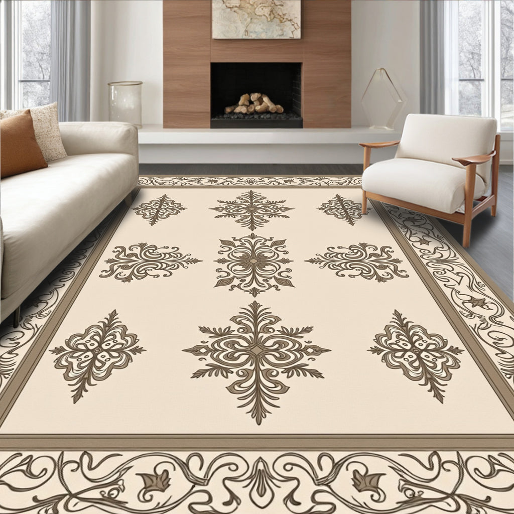 Intricate Floral Bordered Symmetrical Pattern Rug