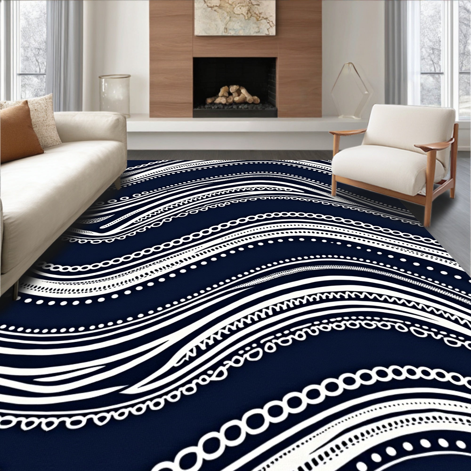 Flowing Lines White On Dark Blue Rug