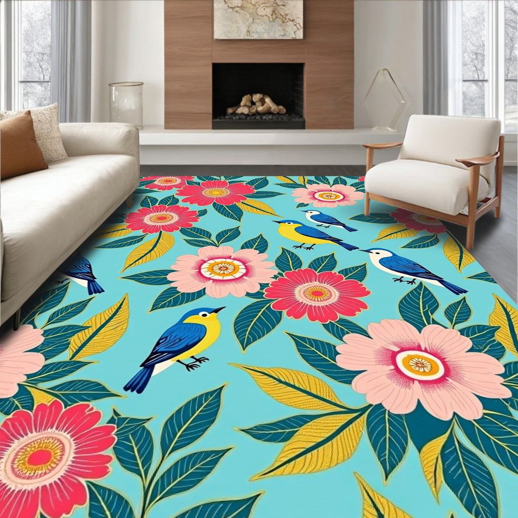 Charming Floral And Bird Motif Rug