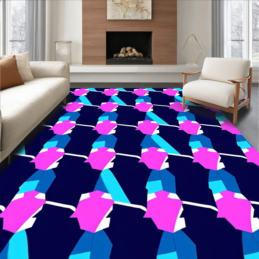 Vibrant Pink Blue Geometric Stacked Pattern Rug