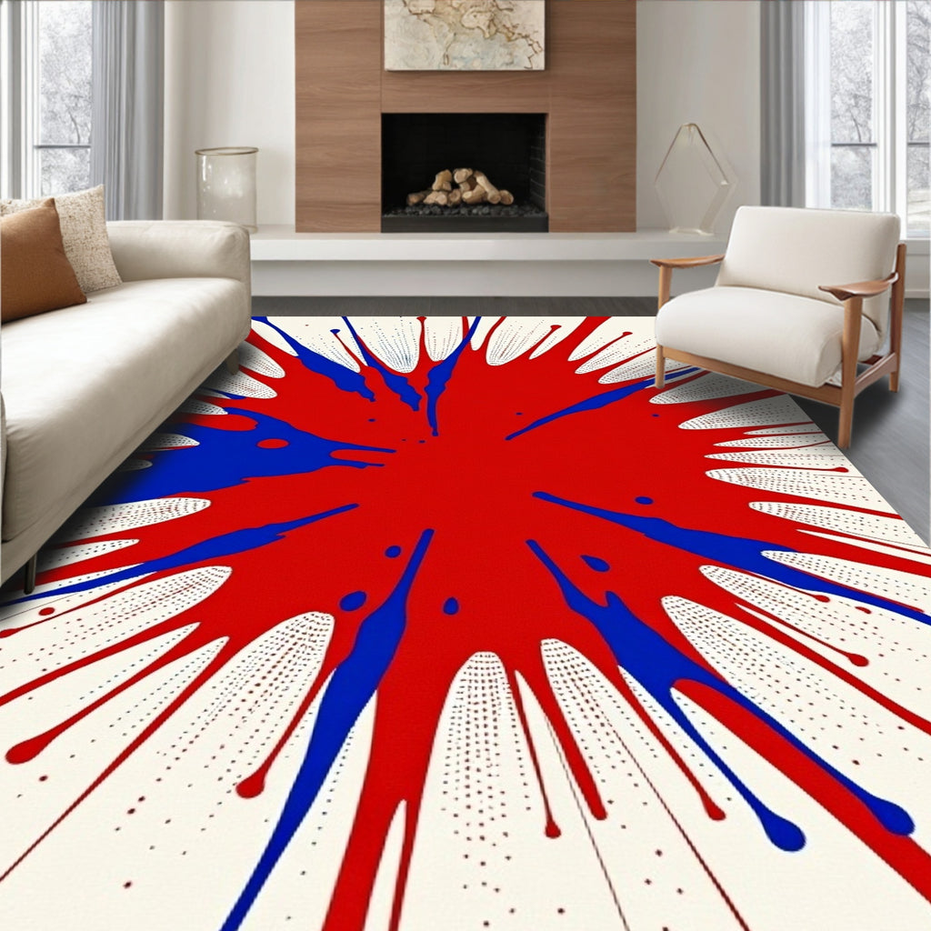 Red Blue Paint Splatter Abstract Rug