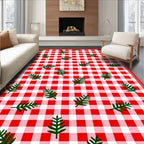Red White Gingham Leaf Pattern Rug