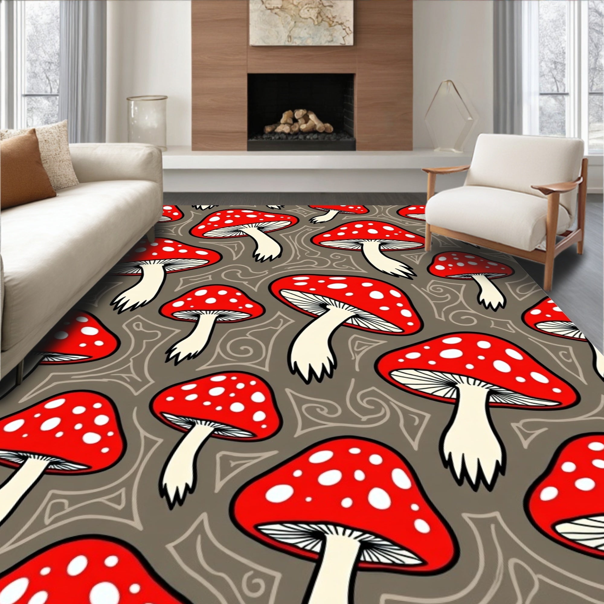 Whimsical Red Mushroom Pattern Rug