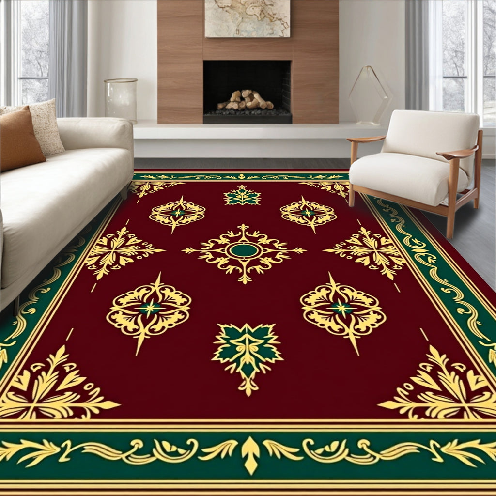 Ornate Burgundy Gold Green Medallion Rug