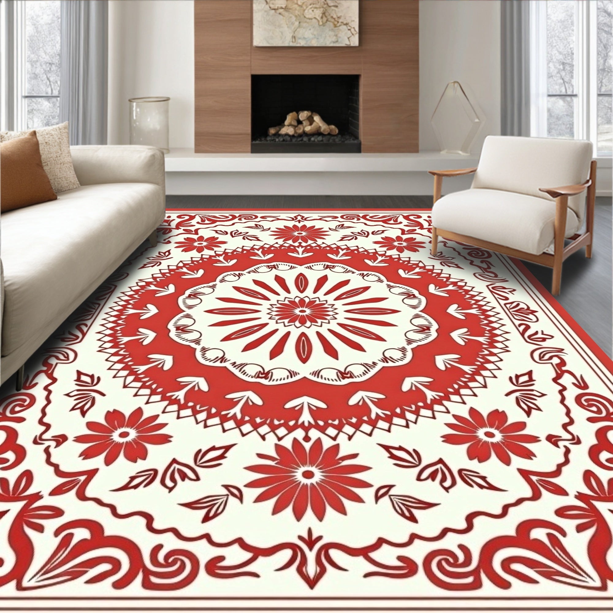 Floral Mandala Patterned Red Rug