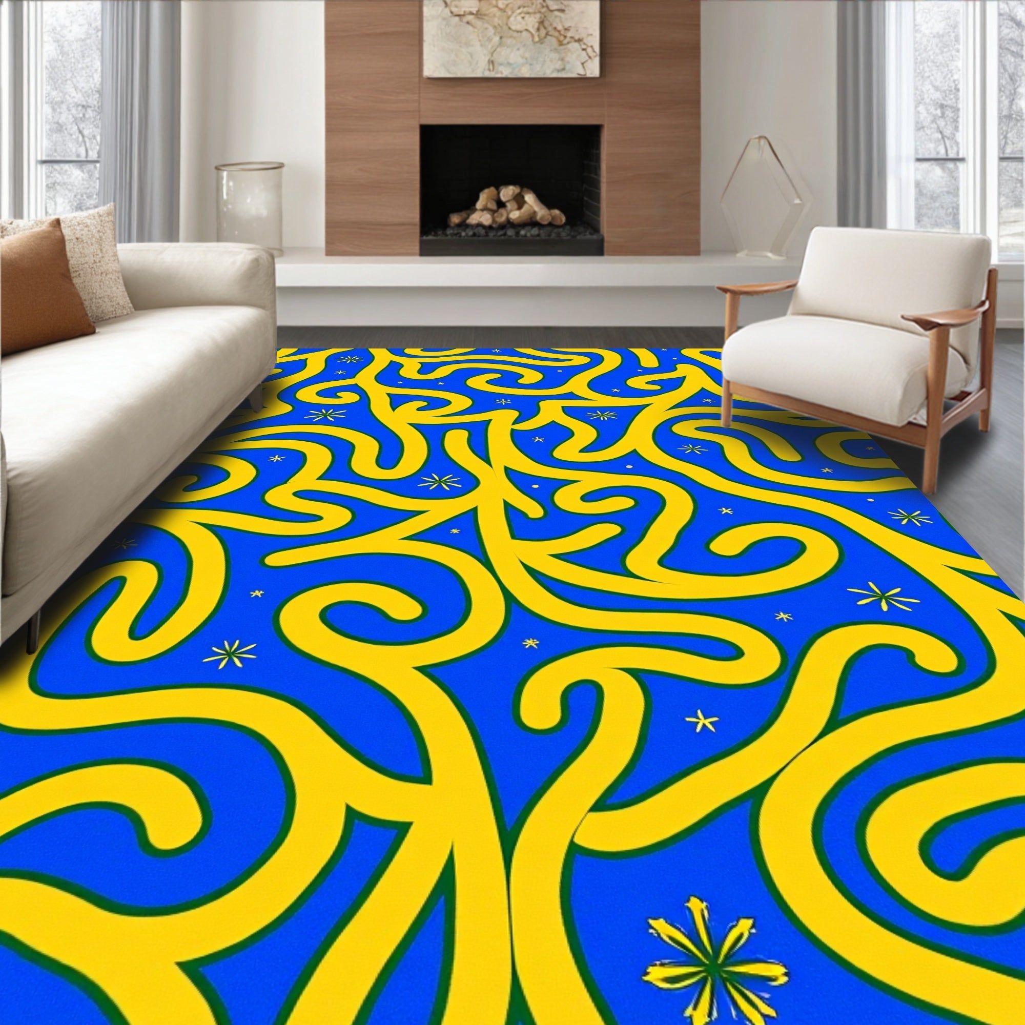 Groovy Yellow Swirls And Stars Rug