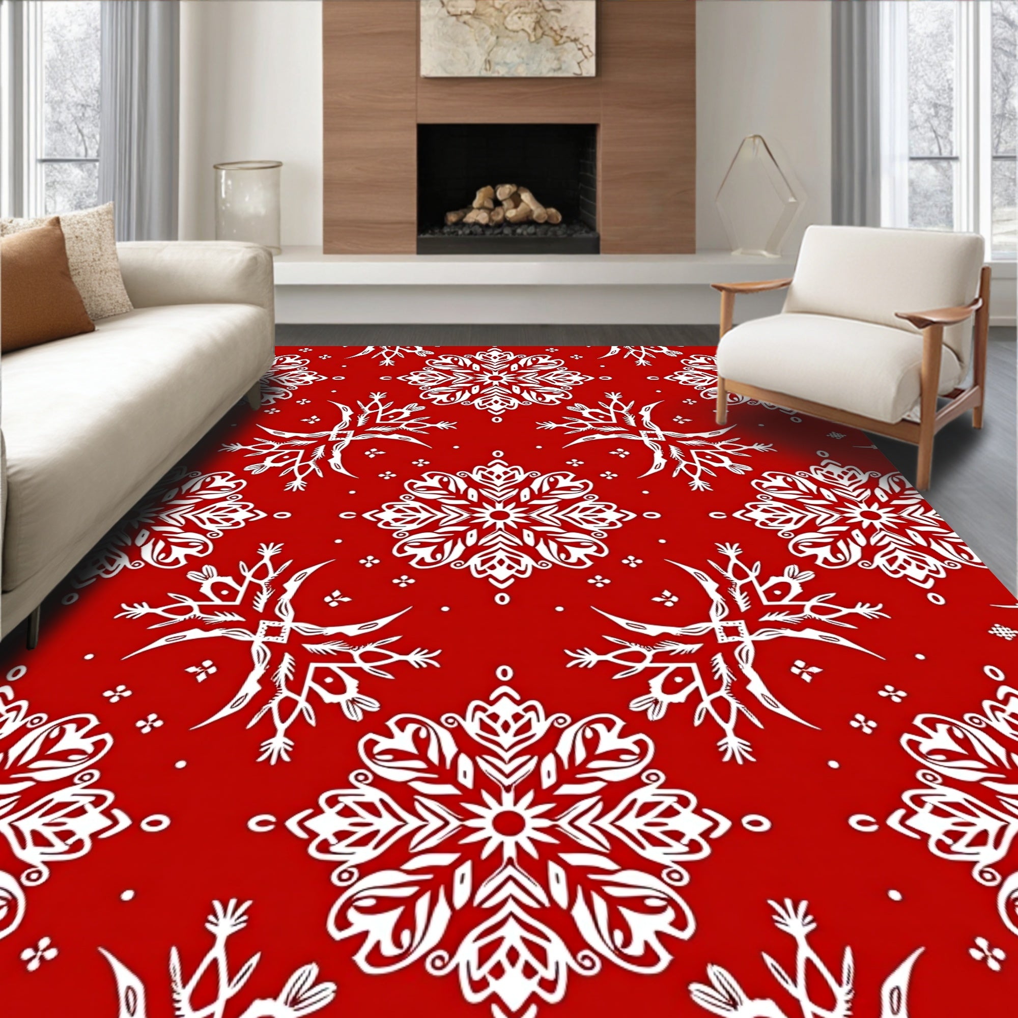 Red White Snowflake Pattern Rug