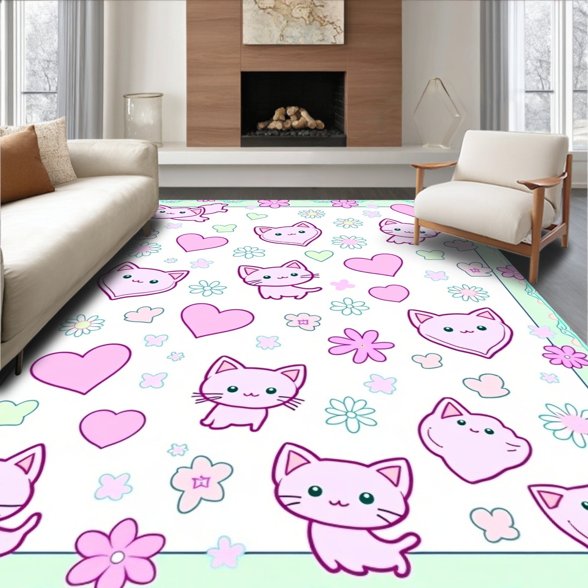 Kawaii Pink Cat Heart Pattern Rug