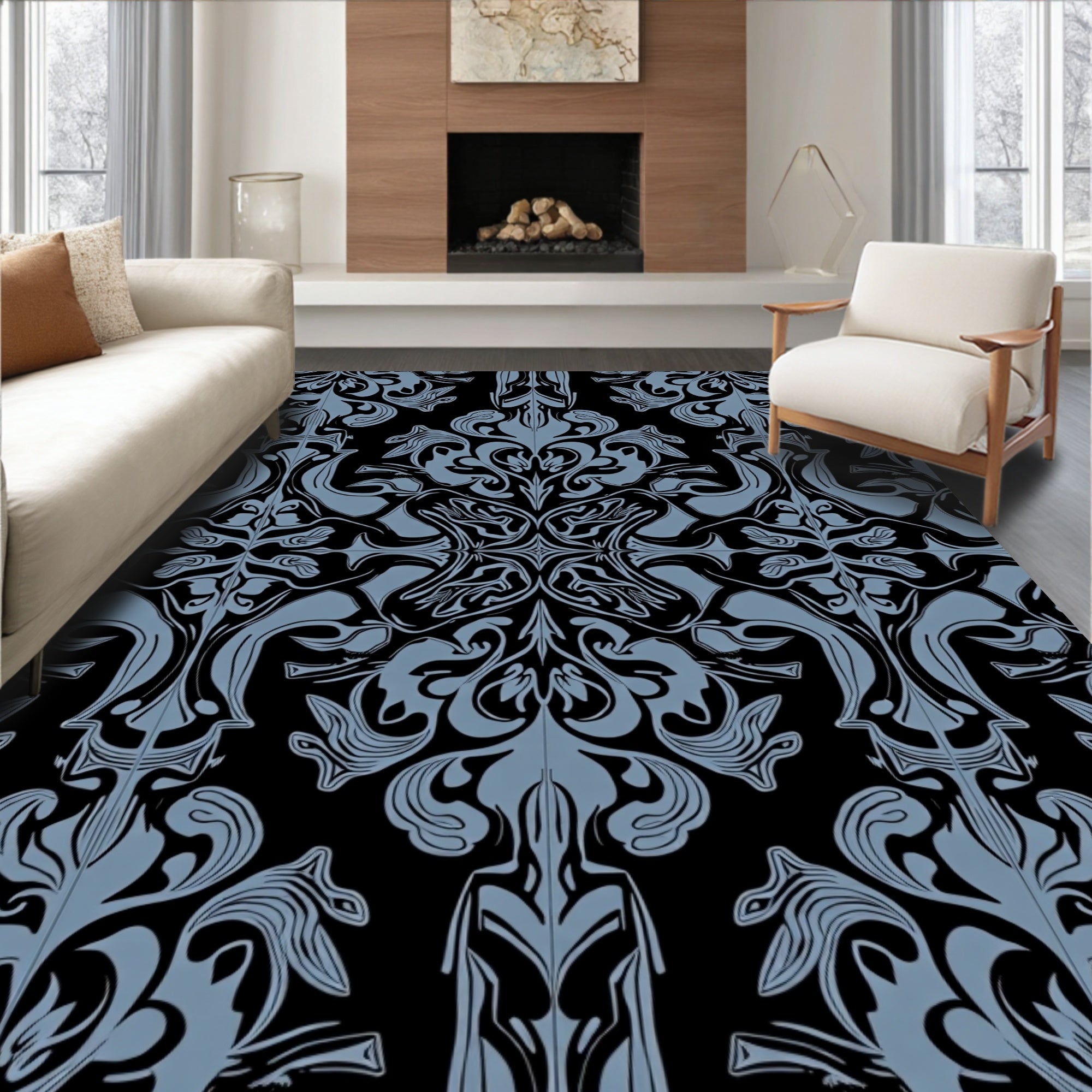 Classic Black Blue Damask Pattern Rug
