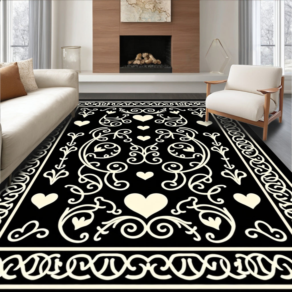 Cream Hearts Scrollwork Black Rug