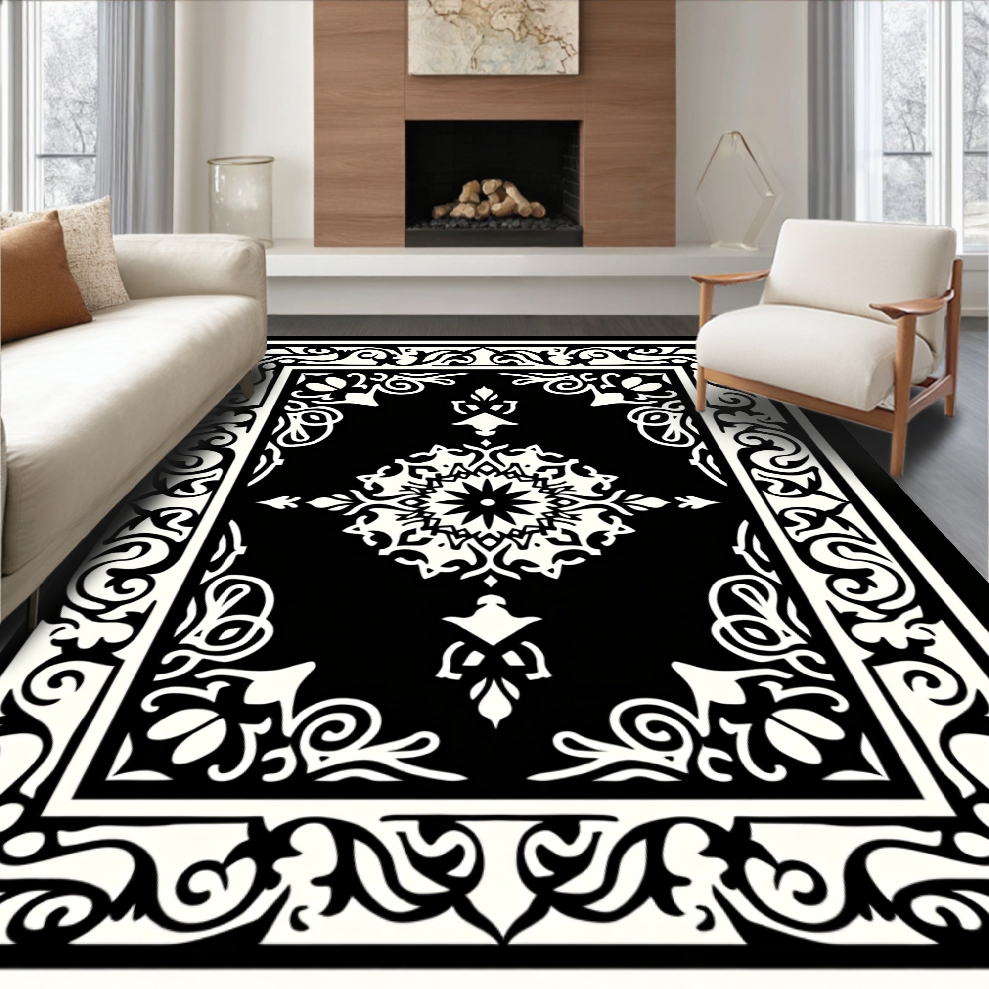 Orante Black White Medallion Design Rug