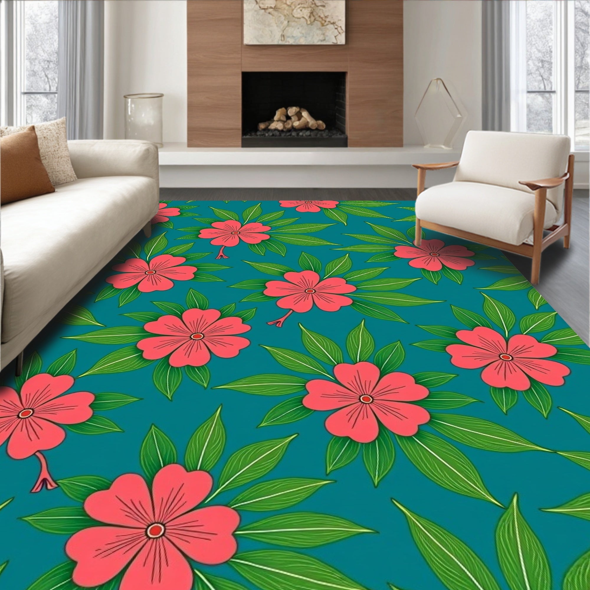 Salmon Pink Floral Pattern Tile Rug