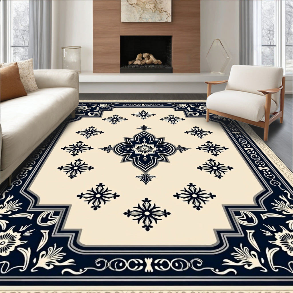Cream Navy Floral Medallion Rug