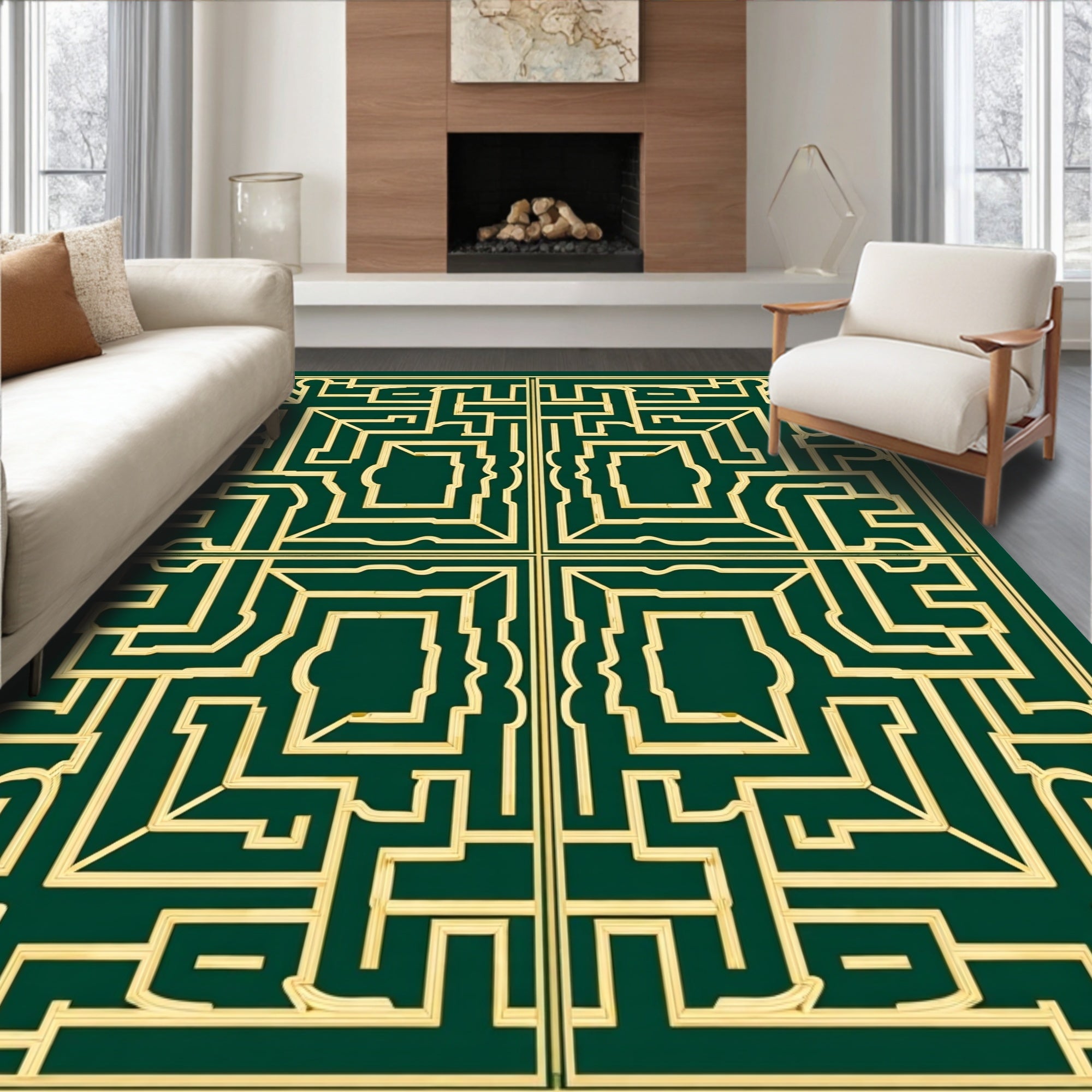 Elegant Golden Maze Pattern Design Rug