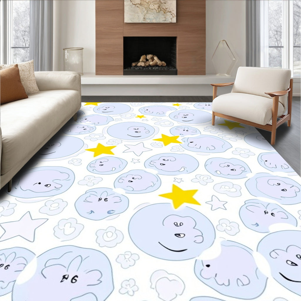 Whimsical Blue Faces Yellow Stars Rug