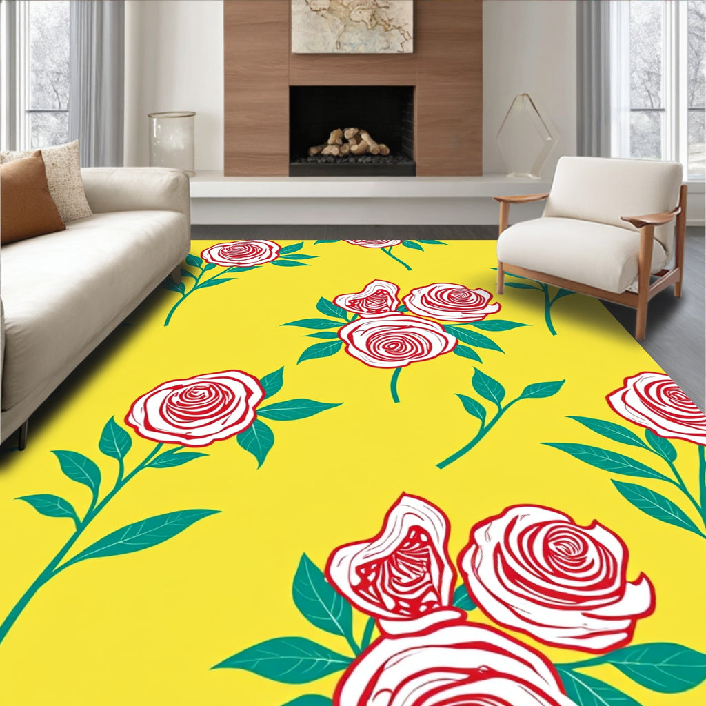 Red Rose Pattern With Teal Leaves Rug