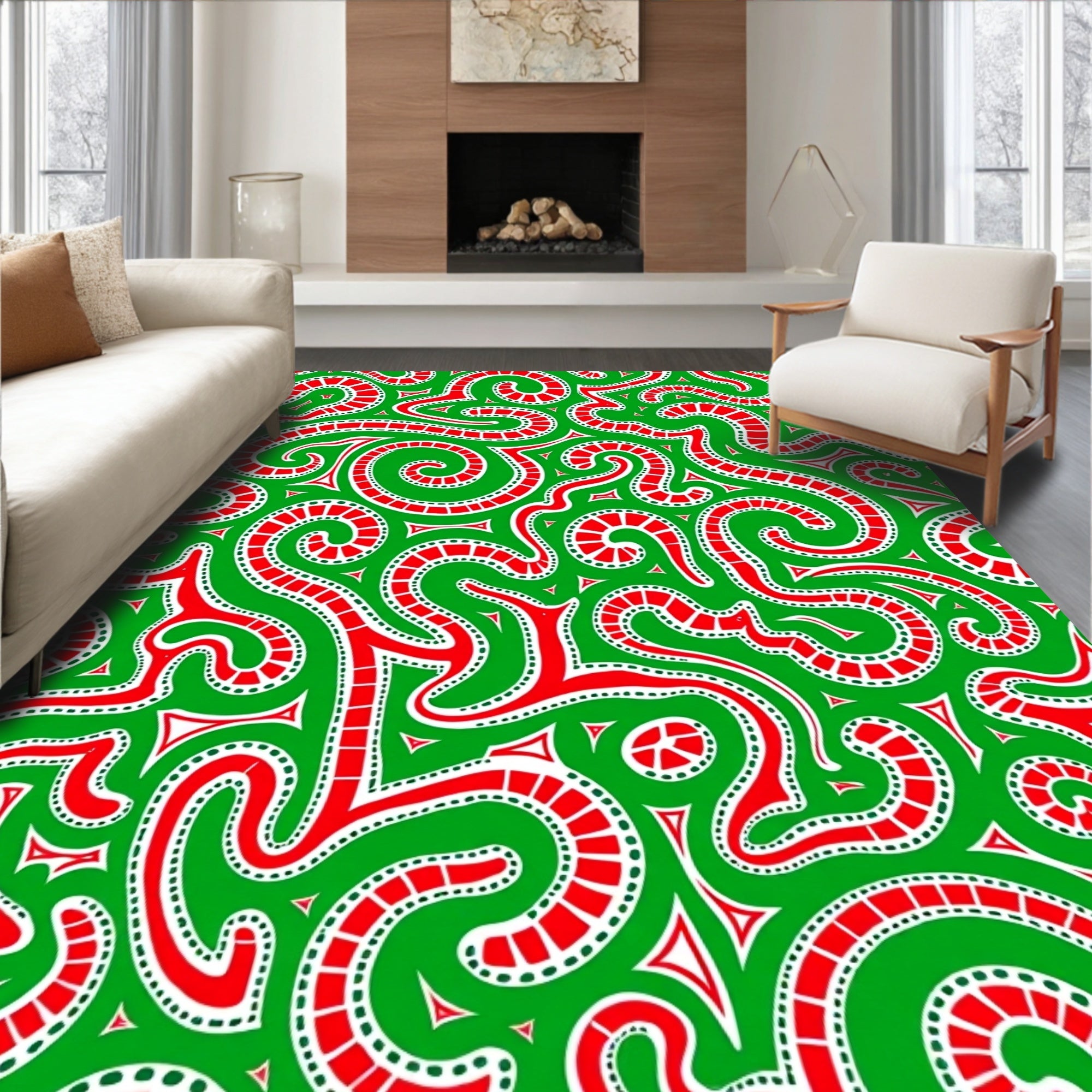 Lively Red Swirls Green Abstract Rug