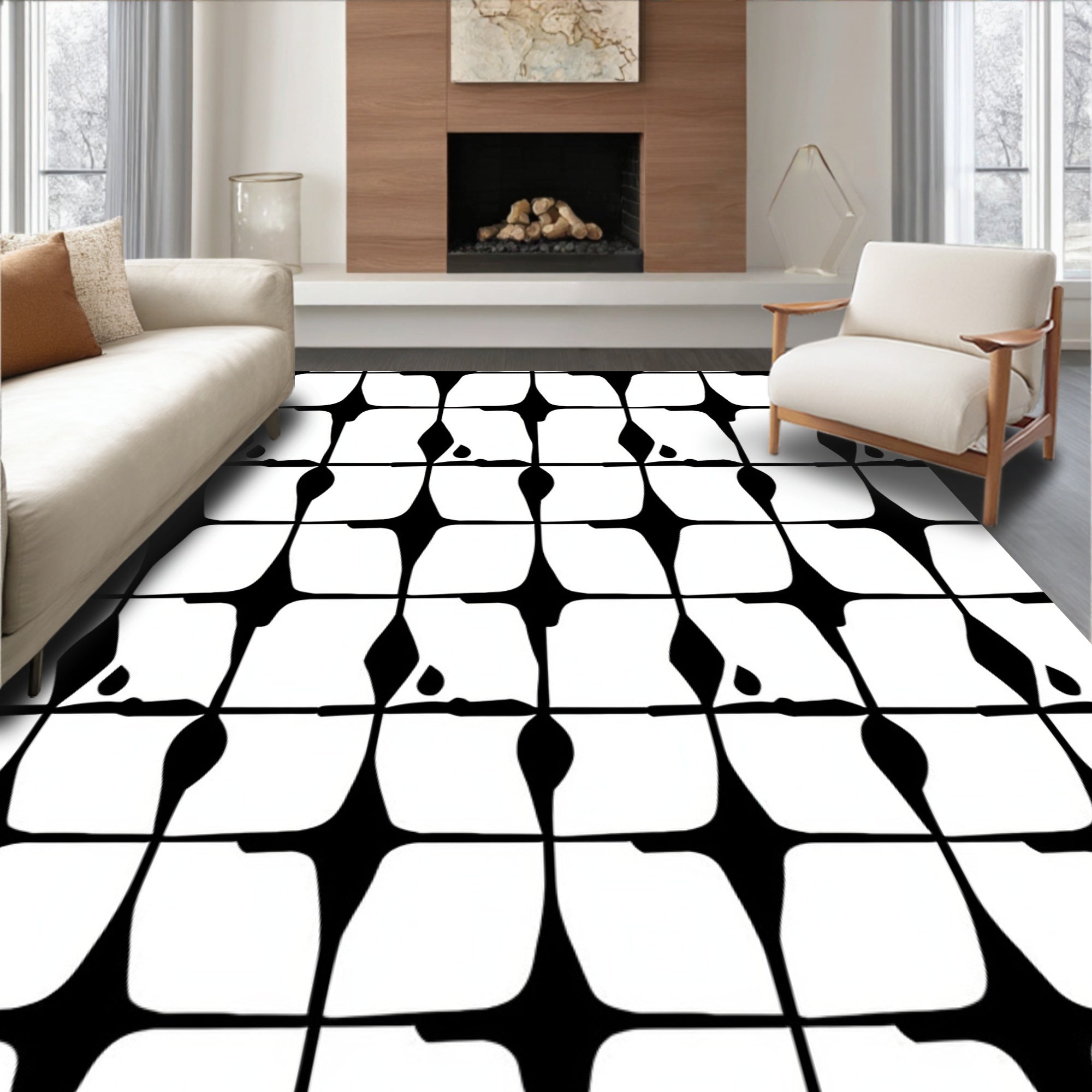 Abstract Black White Geometric Pattern Rug