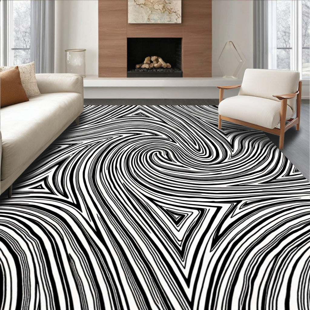 Dynamic Black White Swirl Pattern Rug