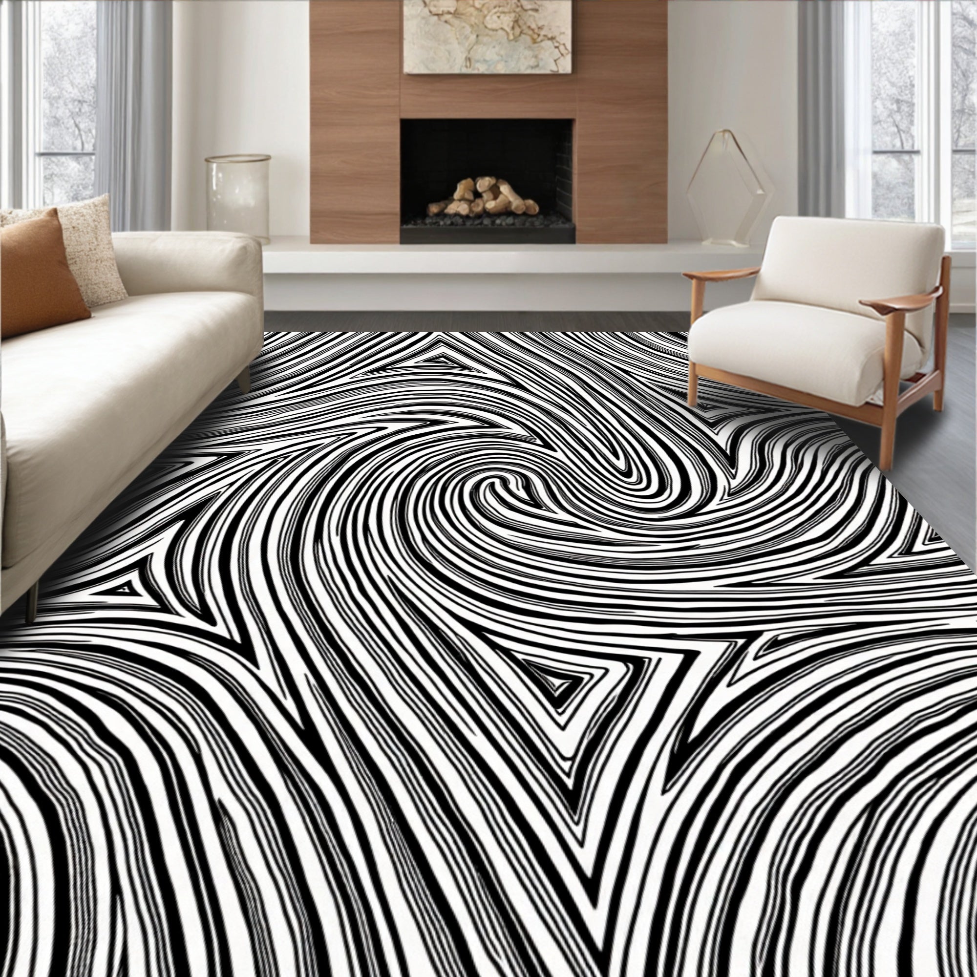 Dynamic Black White Swirl Pattern Rug
