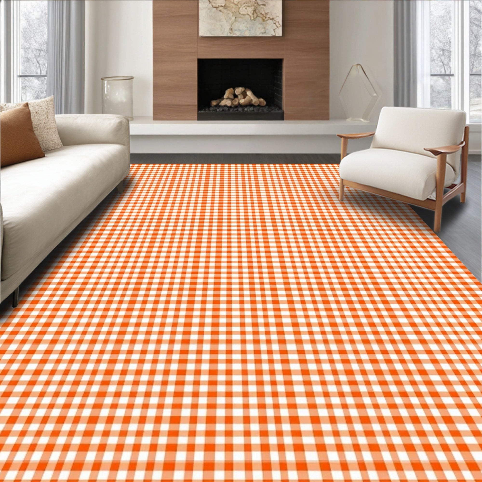 Classic Orange White Gingham Pattern Rug