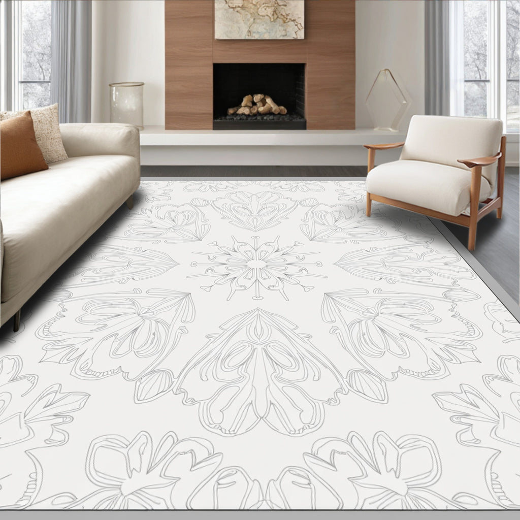 Delicate Gray Floral Mandala Outline Rug