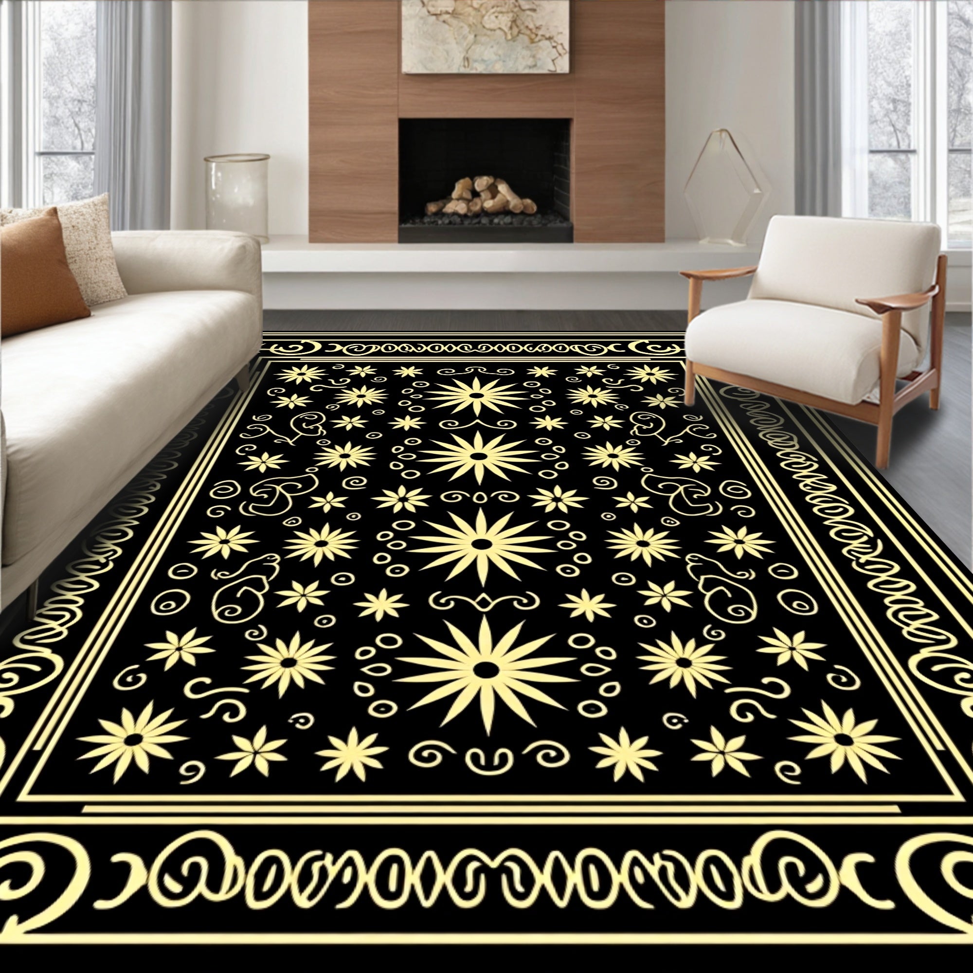 Black Golden Floral Scroll Border Rug