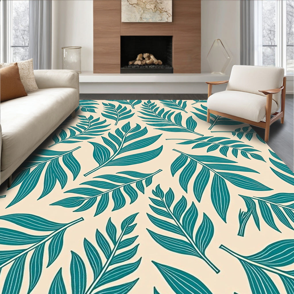 Teal Leafy Pattern Design Rug