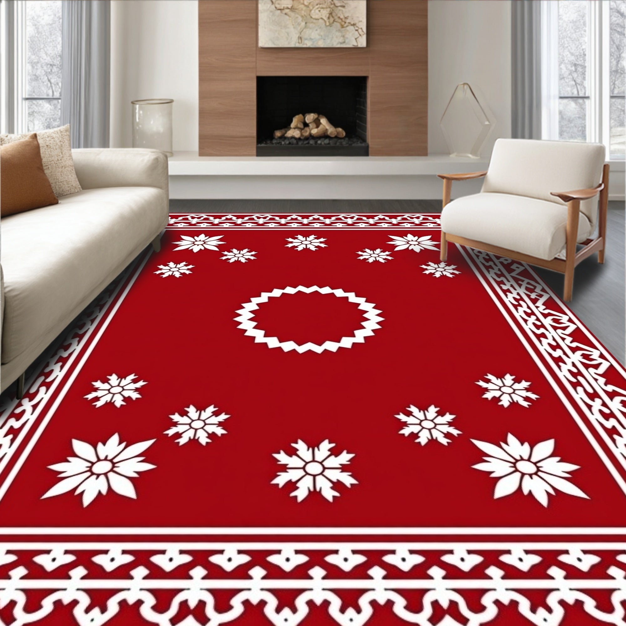 Bold Red White Floral Medallion Rug