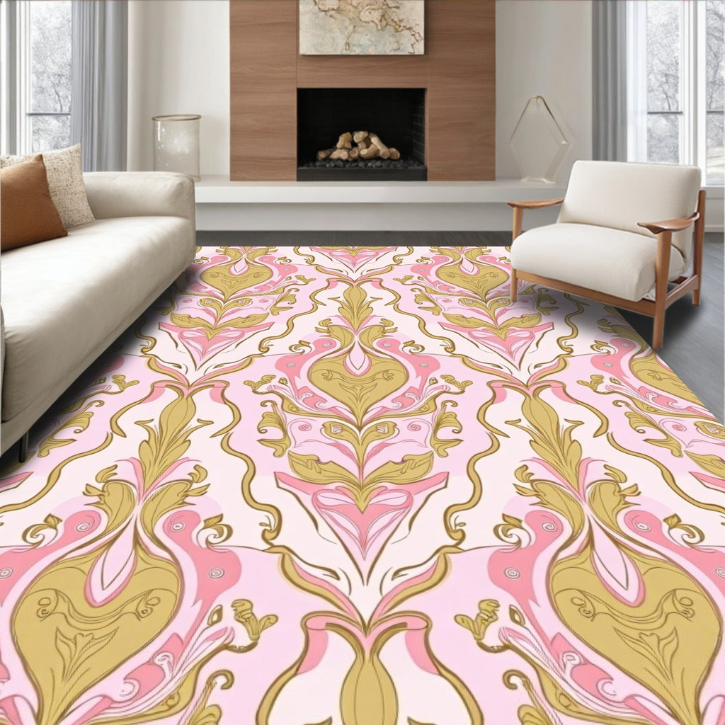 Gilded Pink Gold Damask Pattern Rug