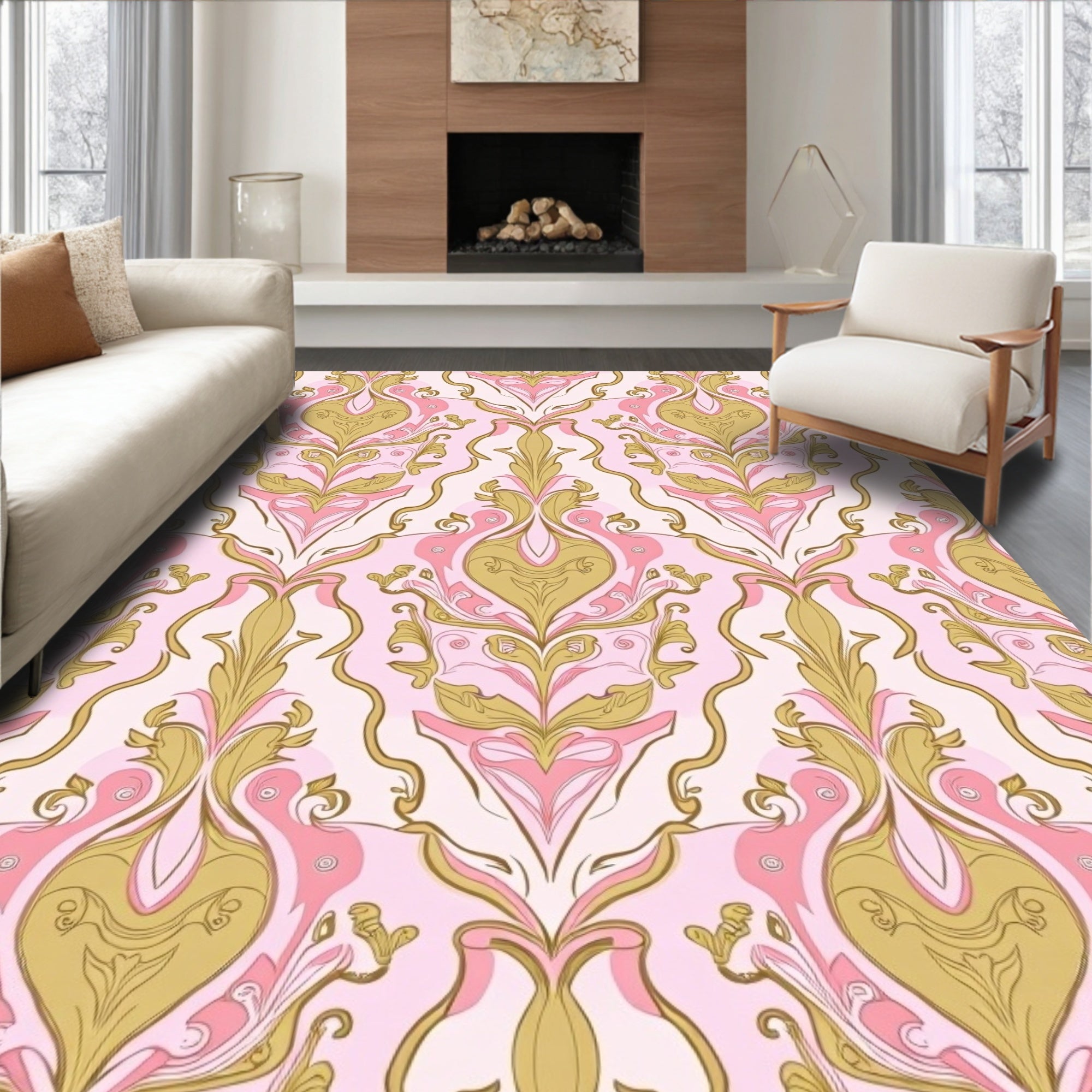 Gilded Pink Gold Damask Pattern Rug