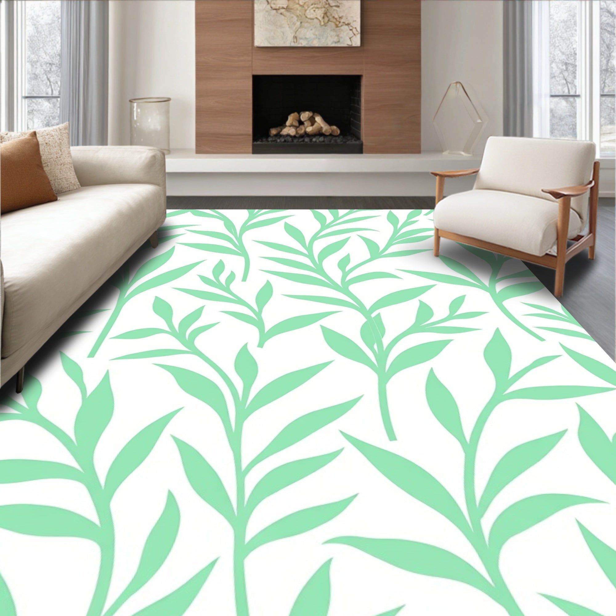 Soft Green Branching Foliage Rug