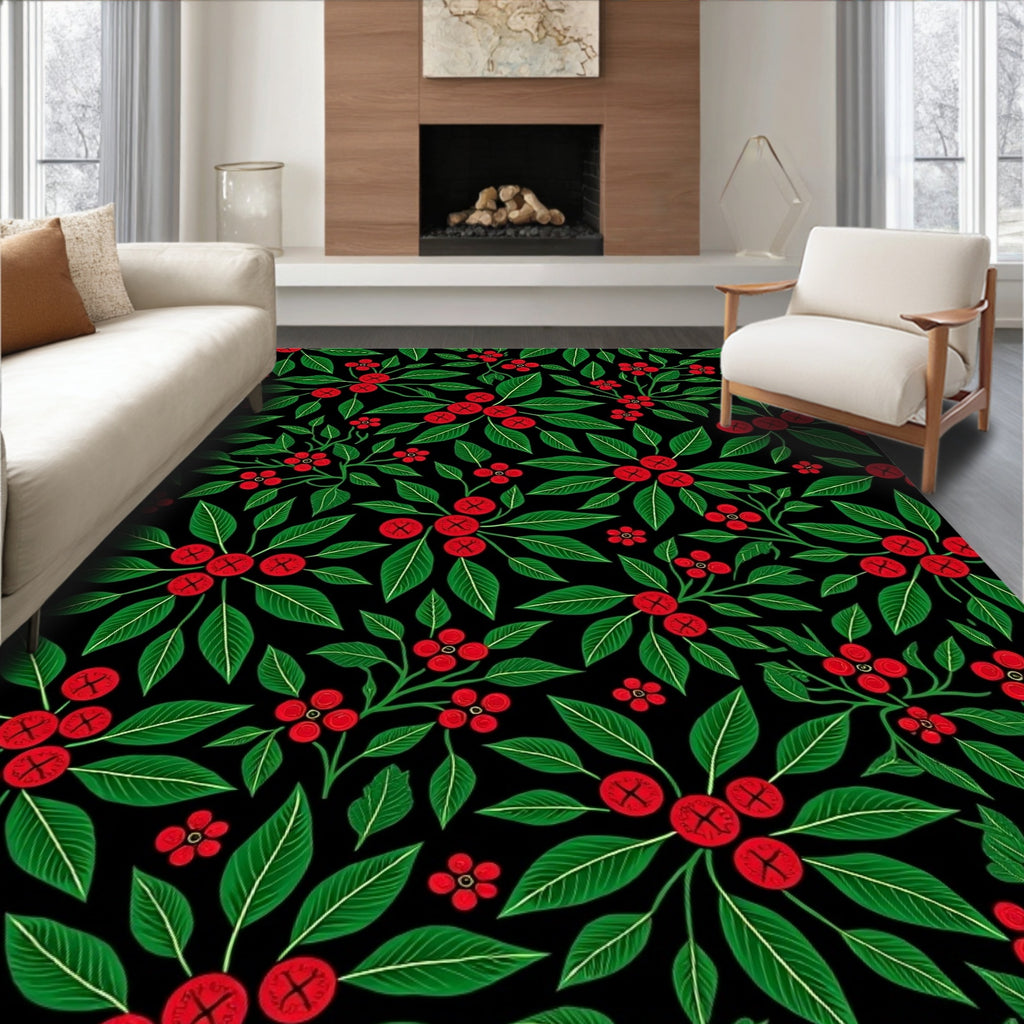 Crimson Berry Foliage on Black Rug