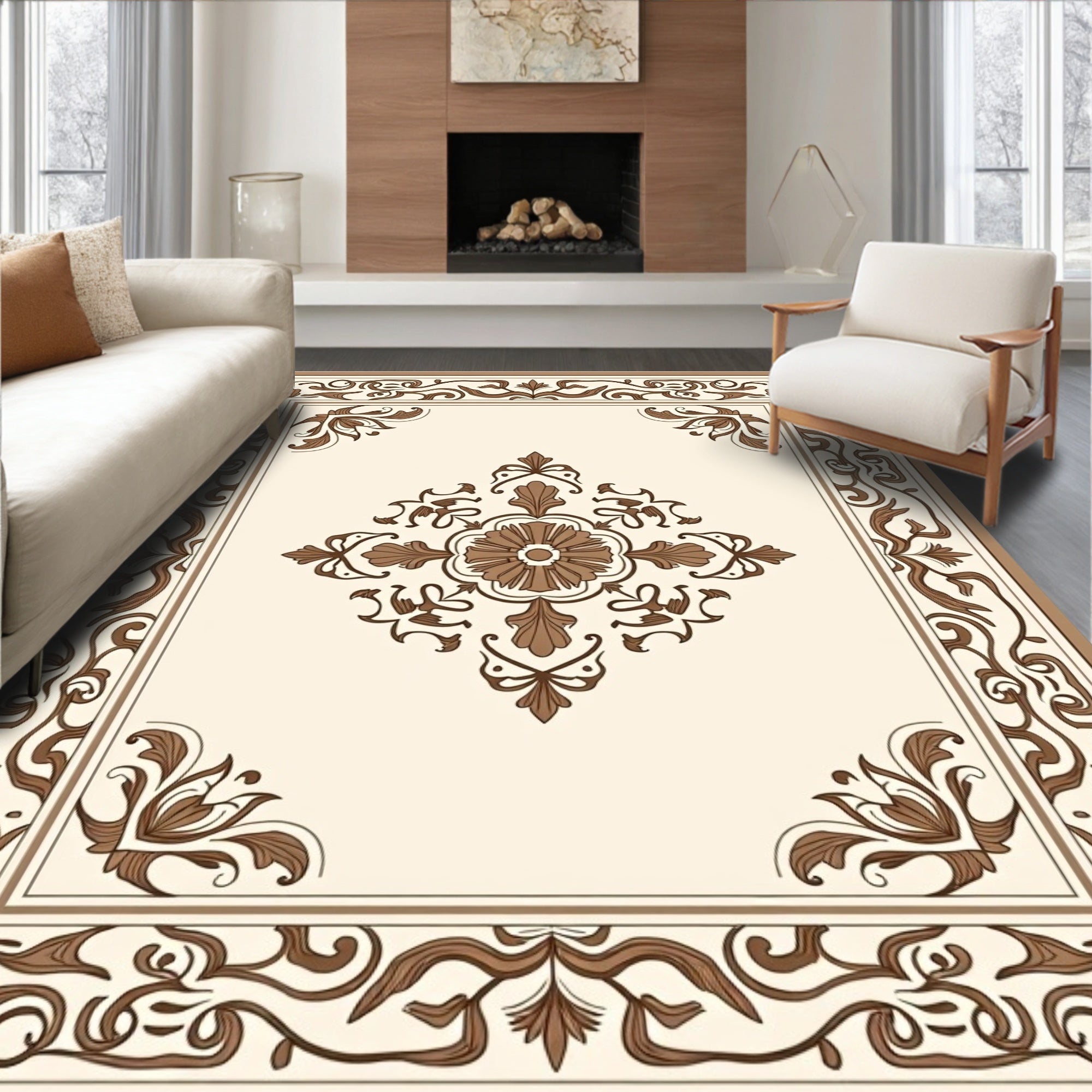 Classic Floral Detailed Cream Brown Rug