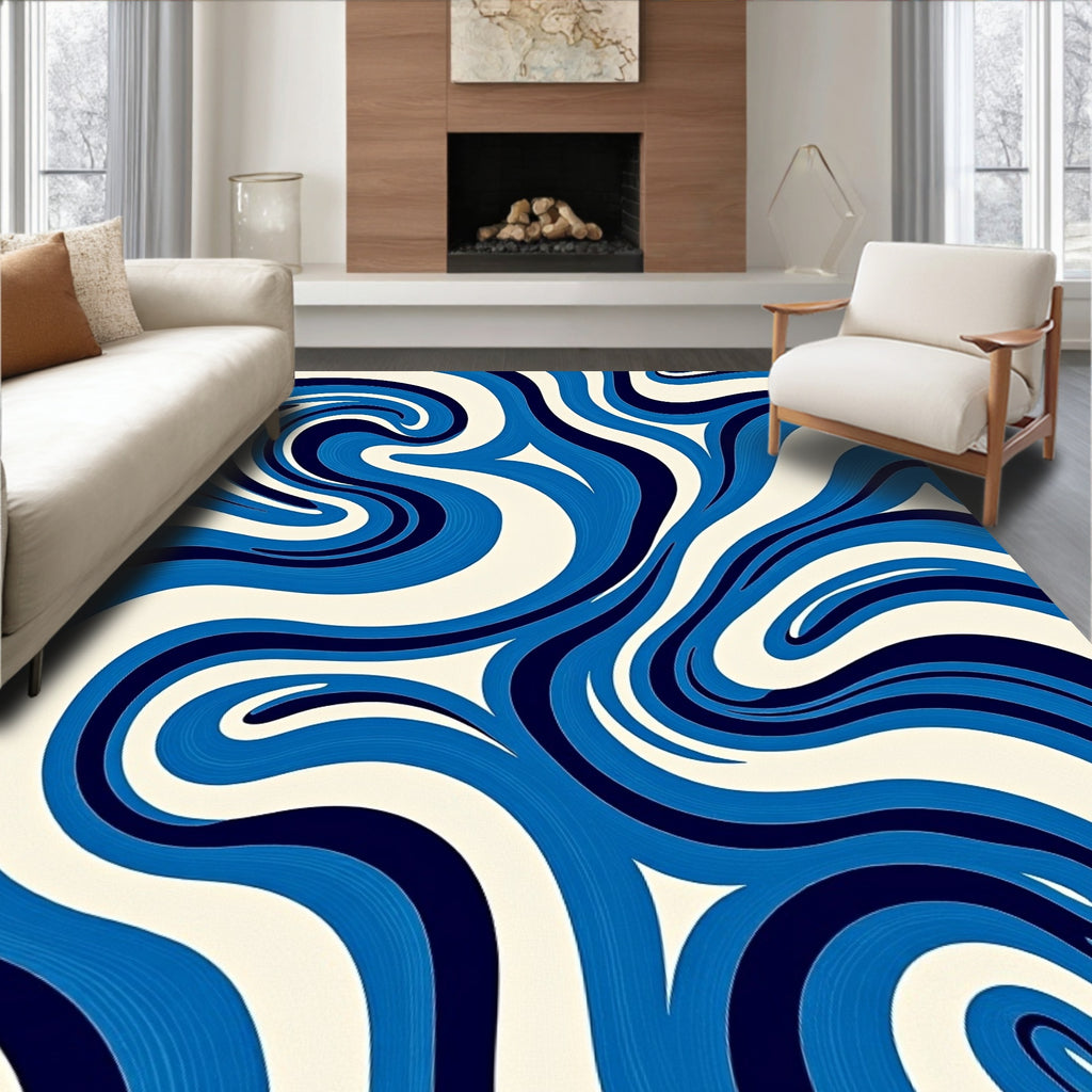 Abstract Blue Wave Pattern Rug