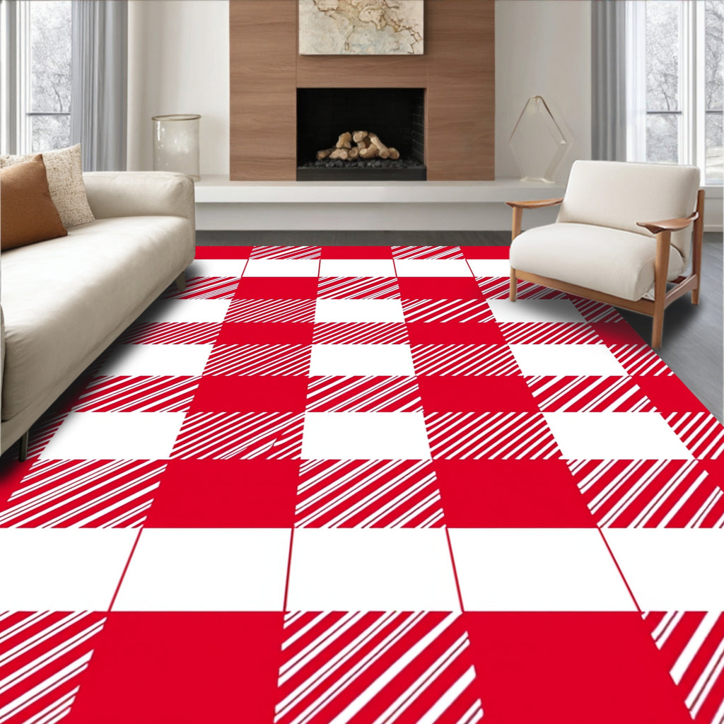 Red White Checkered Stripe Pattern Rug