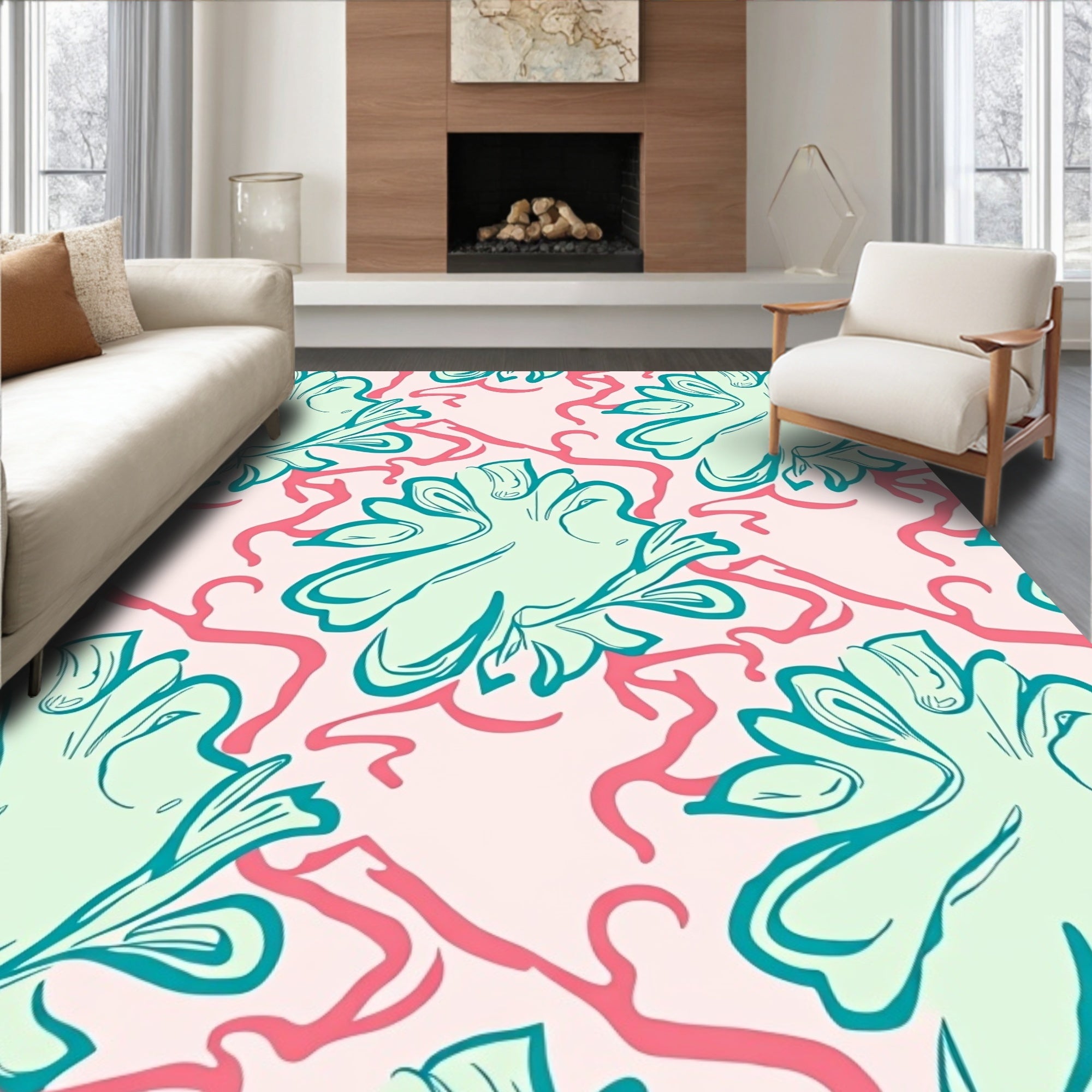 Abstract Coral And Leaf Motif Rug