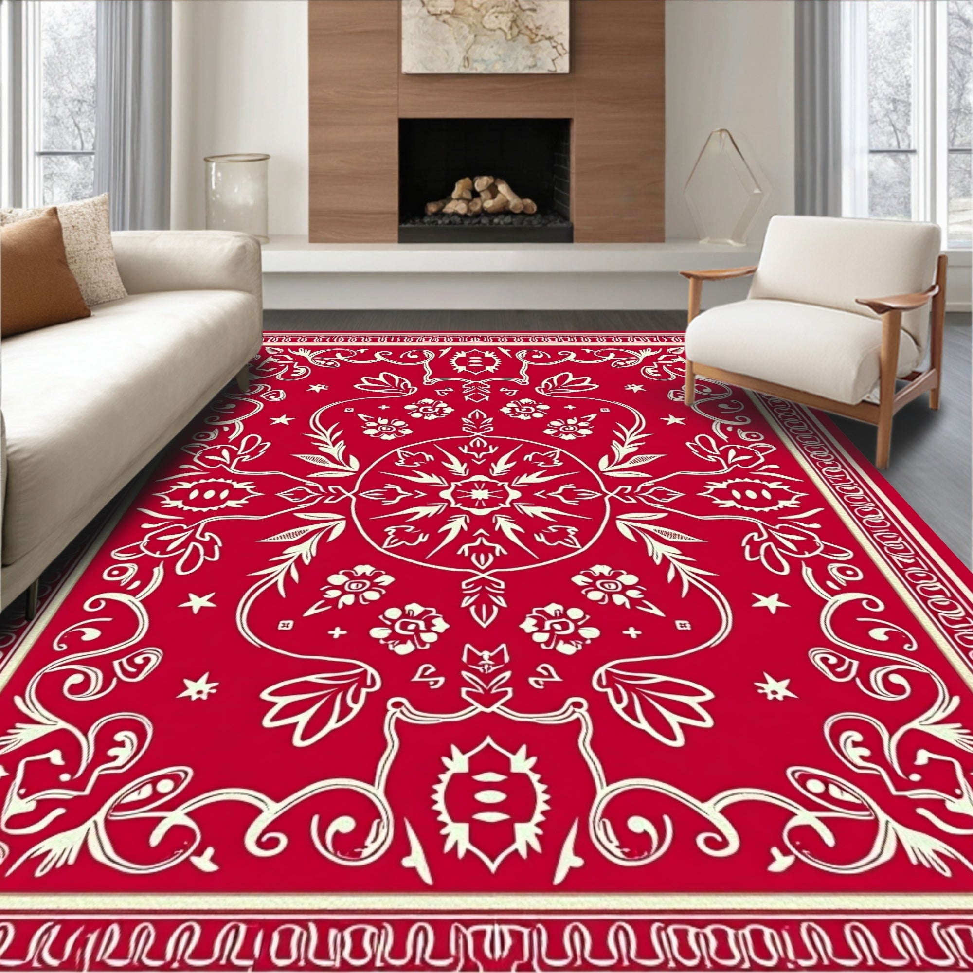Ornate Floral Red Ivory Classic Pattern Rug