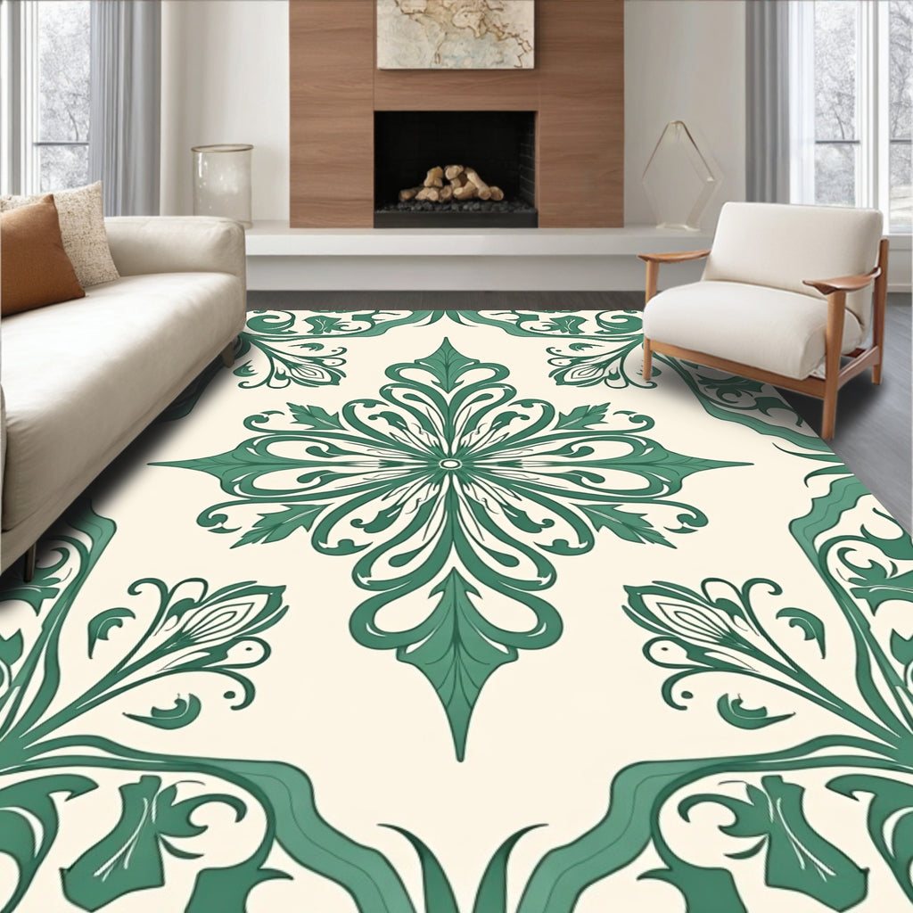 Ornate Green Floral Pattern Rug