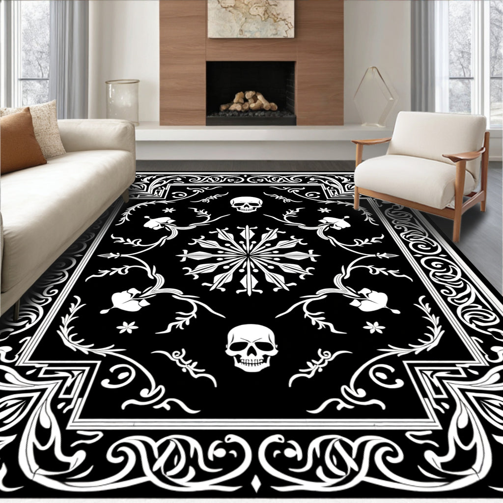 Gothic Black White Skull Detailed Rug