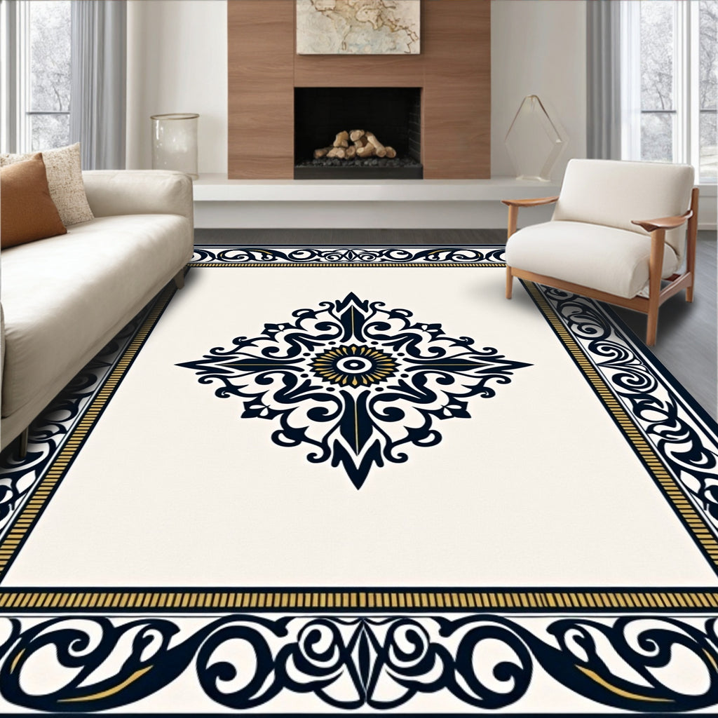 Ornate Floral Scrollwork Navy Gold Rug