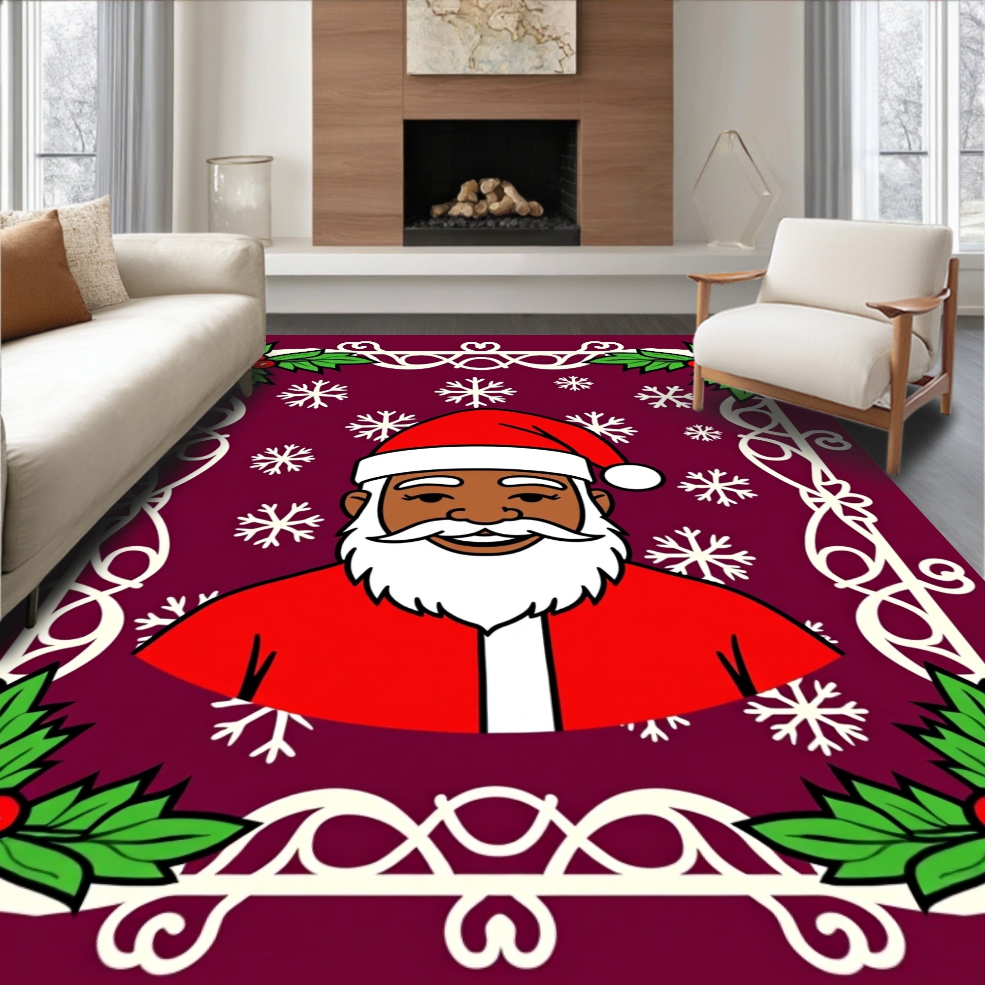 Festive Santa Holly Snowflake Pattern Rug