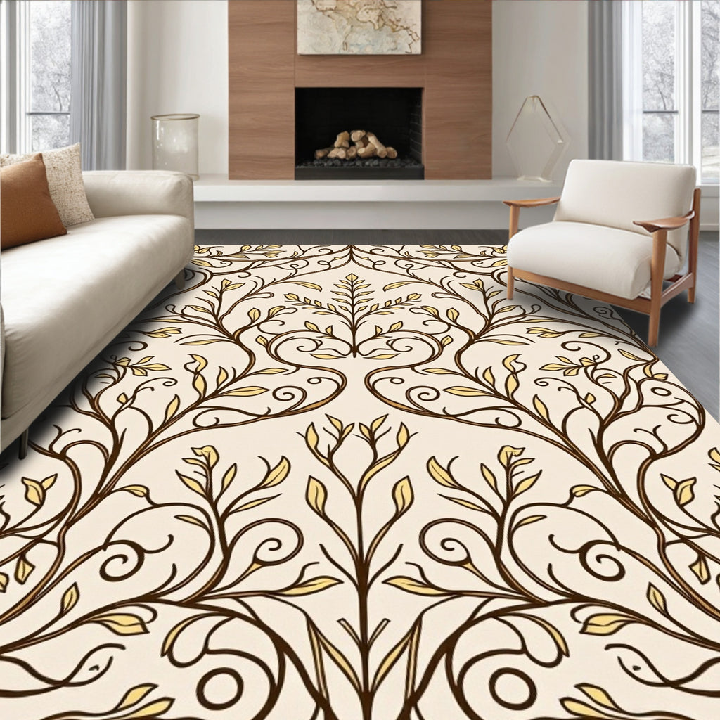 Ornate Cream and Gold Vine Pattern Rug