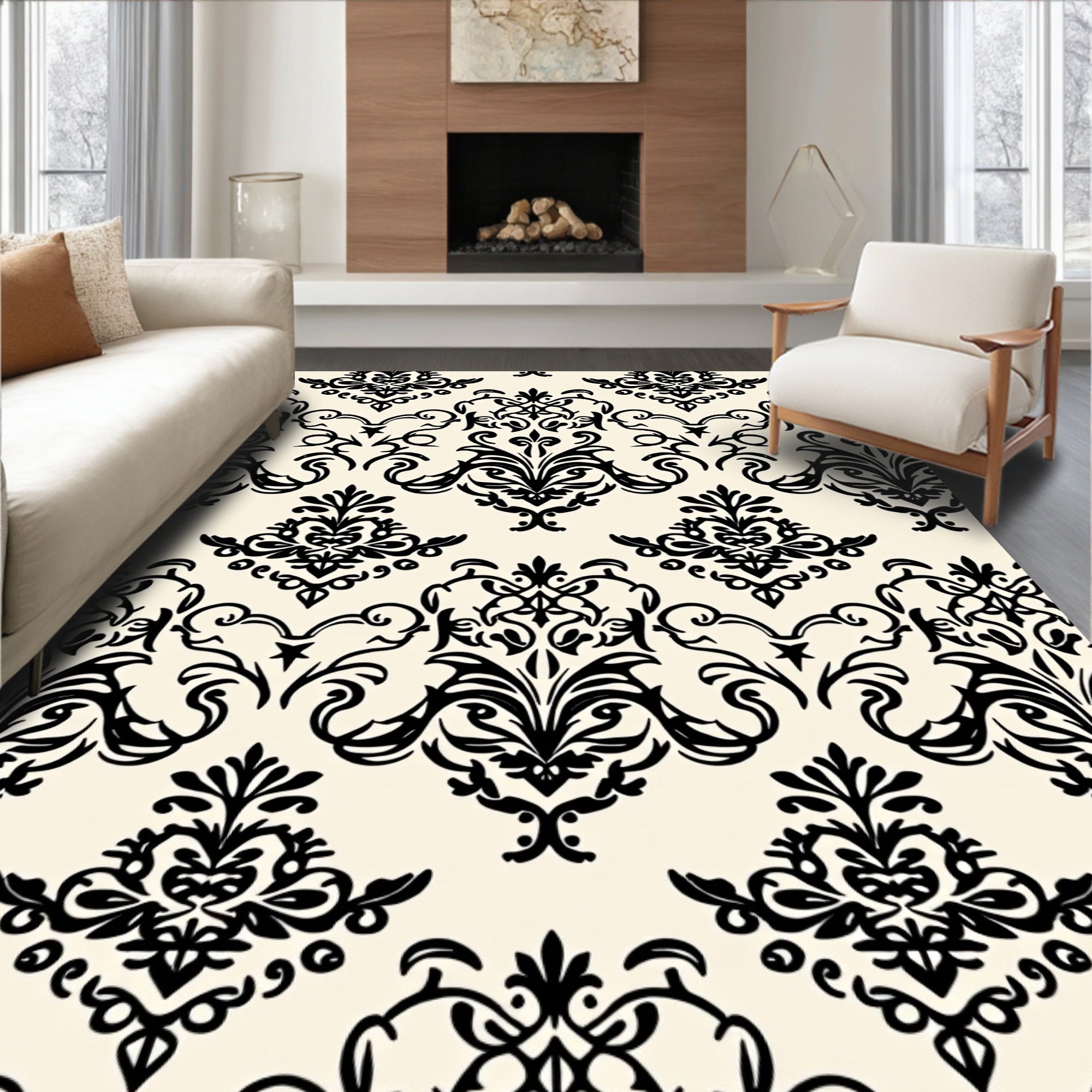 Classic Black Floral Damask Pattern Rug