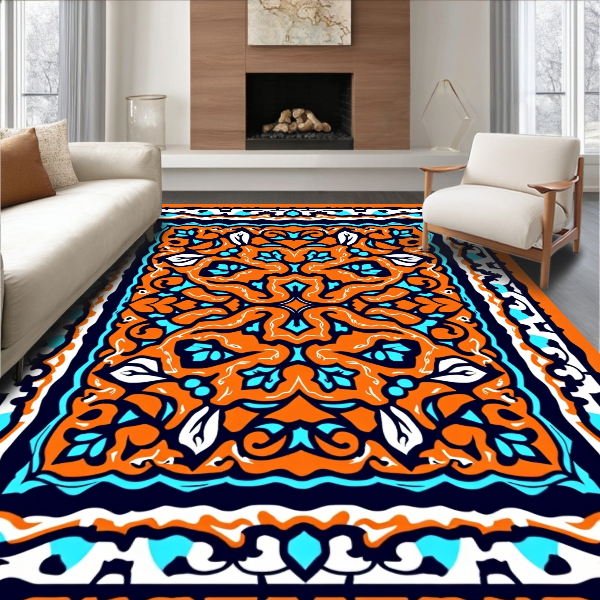 Vibrant Orange Teal Floral Medallion Rug