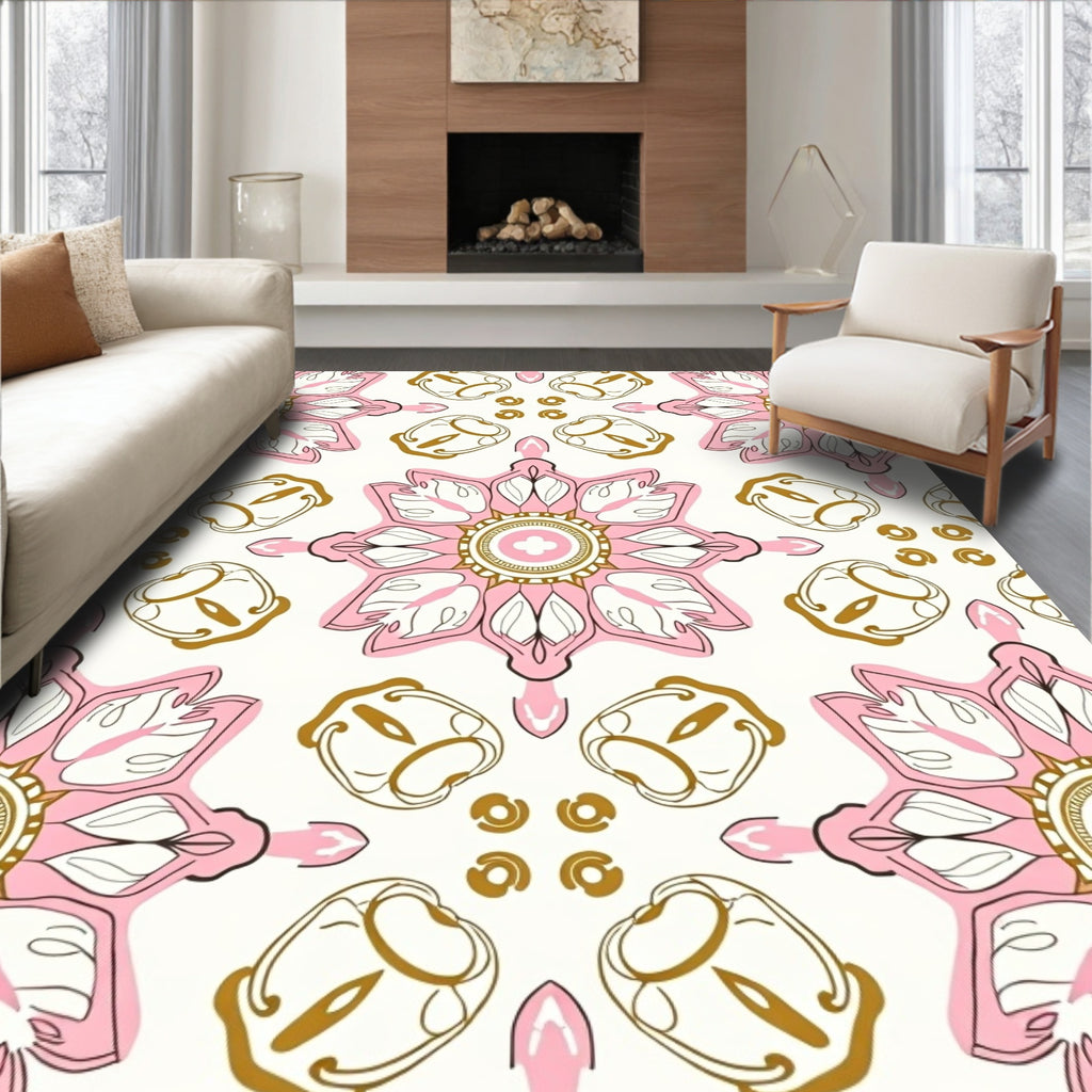 Pink Gold Floral Mandala Pattern Rug