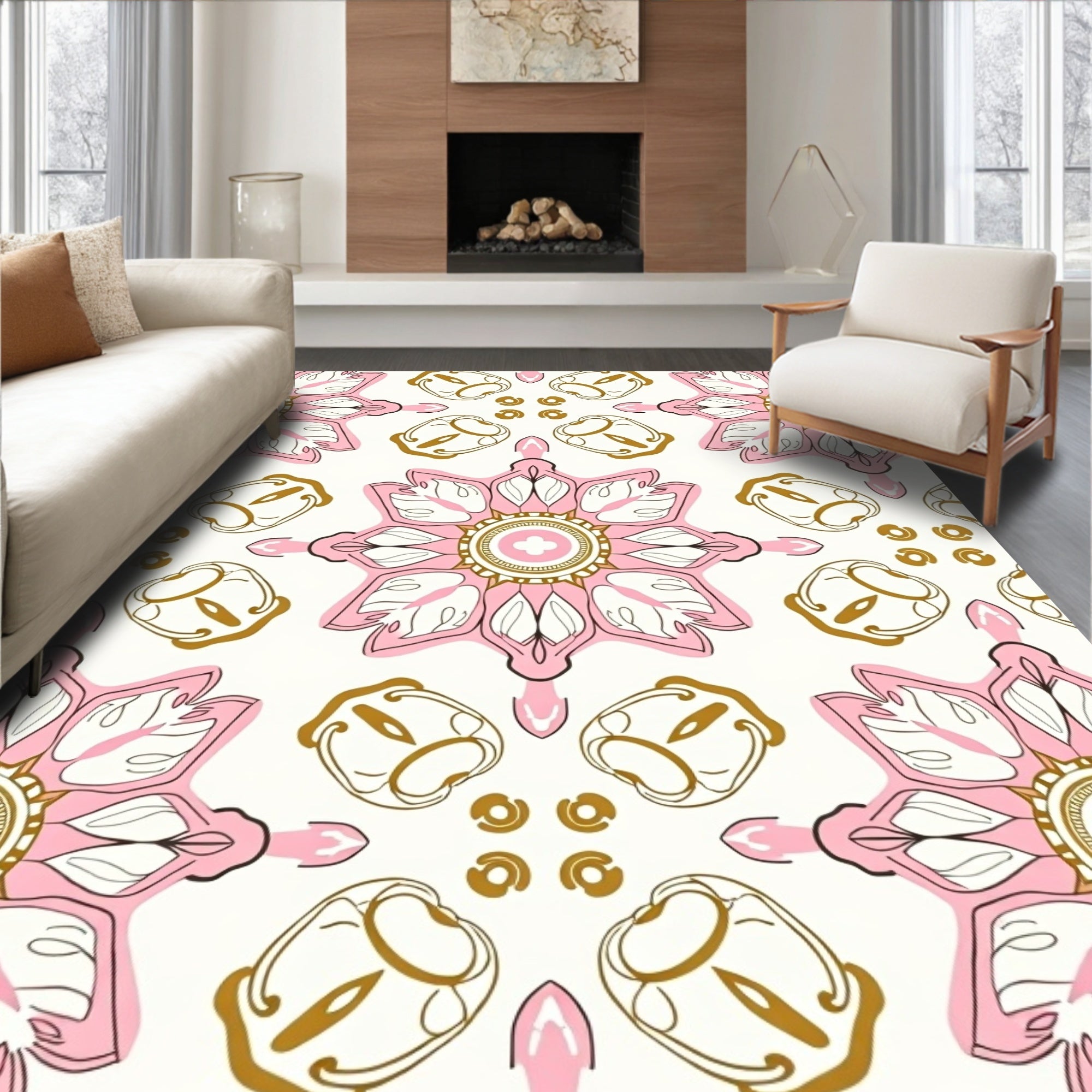 Pink Gold Floral Mandala Pattern Rug